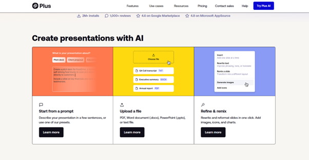Главная страница Plus AI: панель выбора шаблонов презентации открыта прямо внутри Google Slides, без перехода в другое приложение