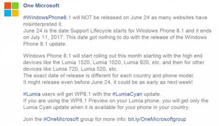 Слухи: Обновления Windows Phone 8.1 и Lumia Cyan могут стать доступными до конца июня.