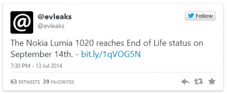 [Дополнено] Evleaks: 14 сентября Nokia Lumia 1020 достигнет статуса «End of Life».