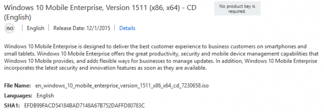 Windows 10 Mobile Enterprise версии 1511 доступна подписчикам MSDN