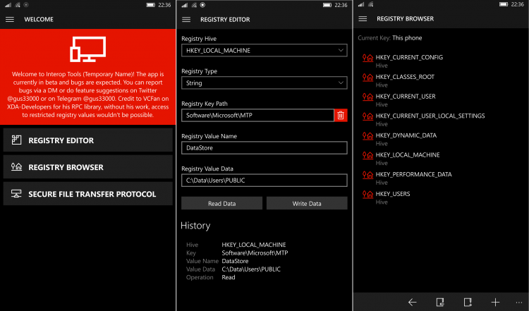 Interop Tools – редактор реестра для Windows 10 Mobile