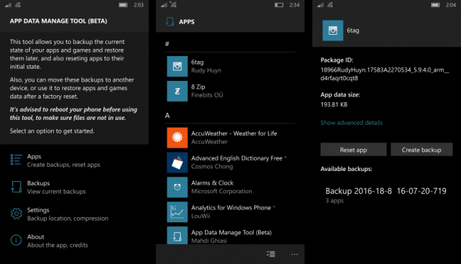 App Data Manage Tool – утилита для резервного копирования данных из приложений на Windows 10 Mobile